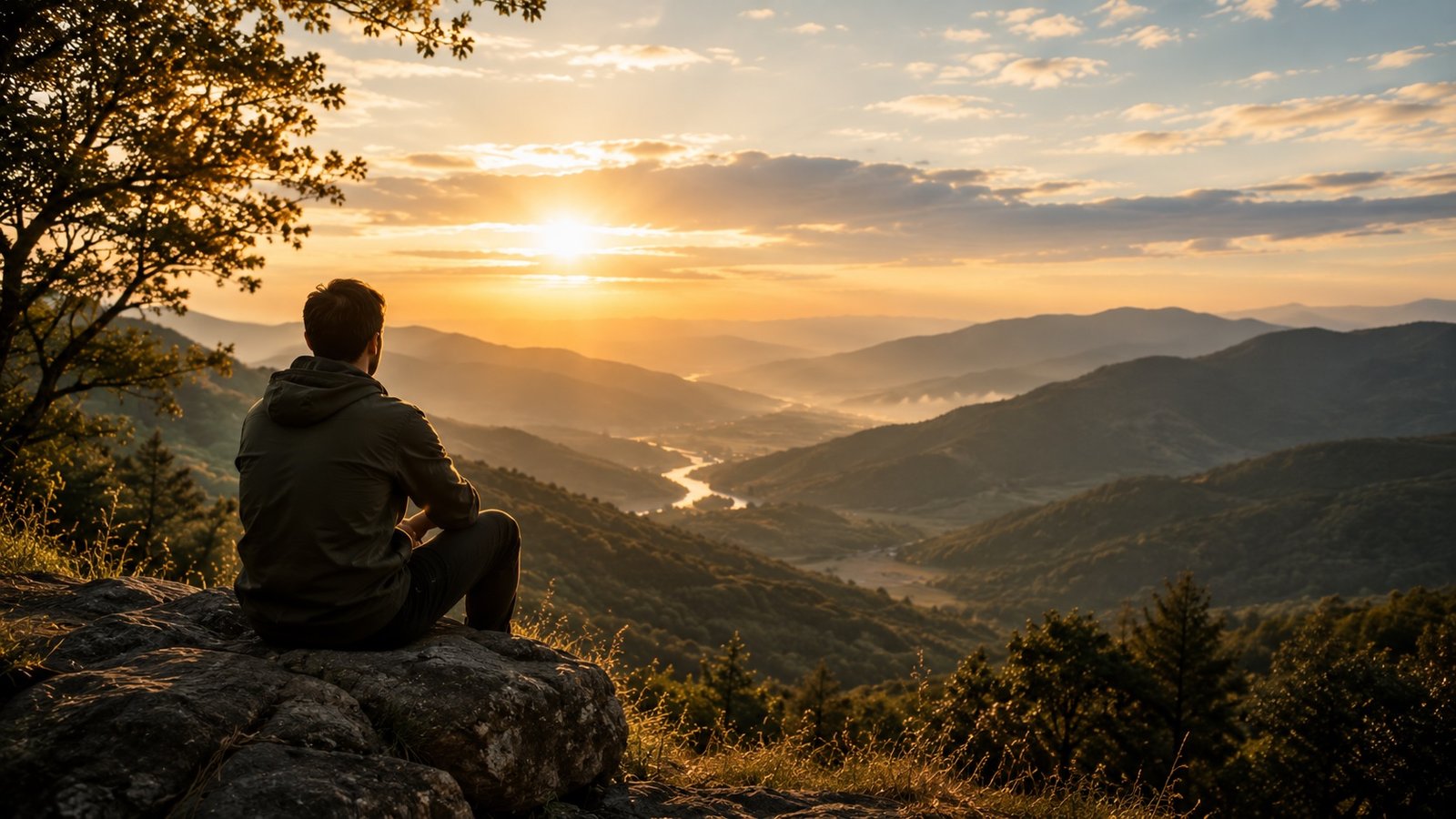 Pessoa contemplando uma paisagem tranquila ao pôr do sol, representando a busca pela paz interior