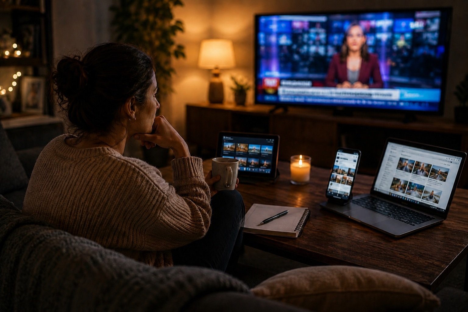 Pessoa diante de televisão, celular, tablet e computador, representando o excesso de informações e estímulos
