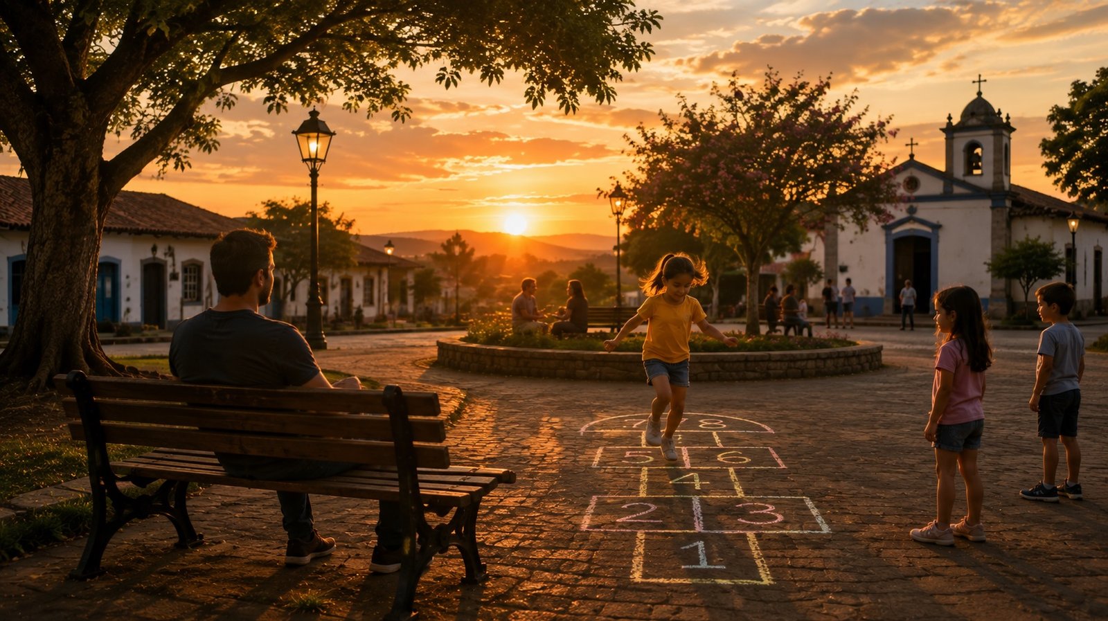 Pessoa sentada em uma praça de cidade pequena contemplando o pôr do sol