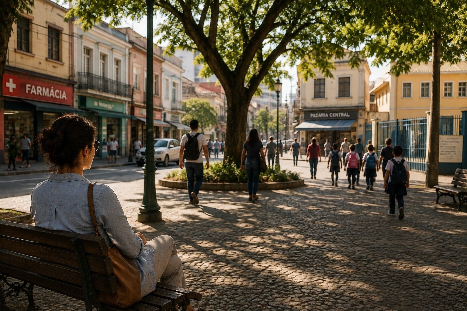 Pessoa observando o cotidiano de uma cidade durante um dia comum