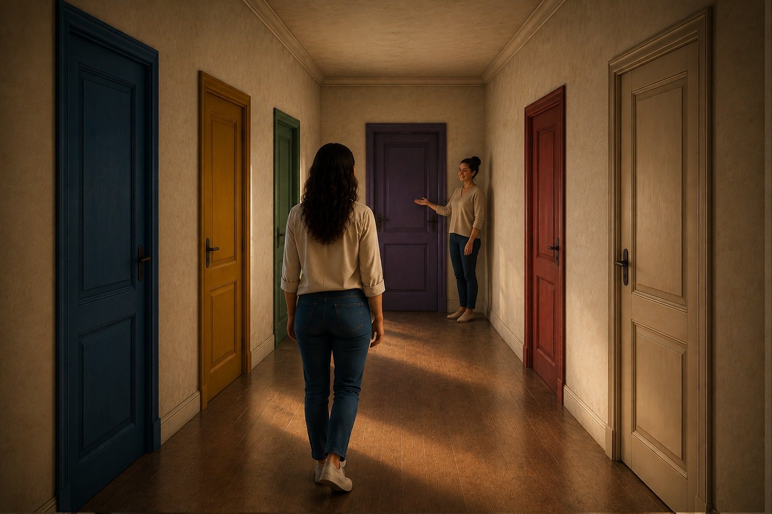 Pessoa diante de diferentes portas, prestes a fazer uma escolha