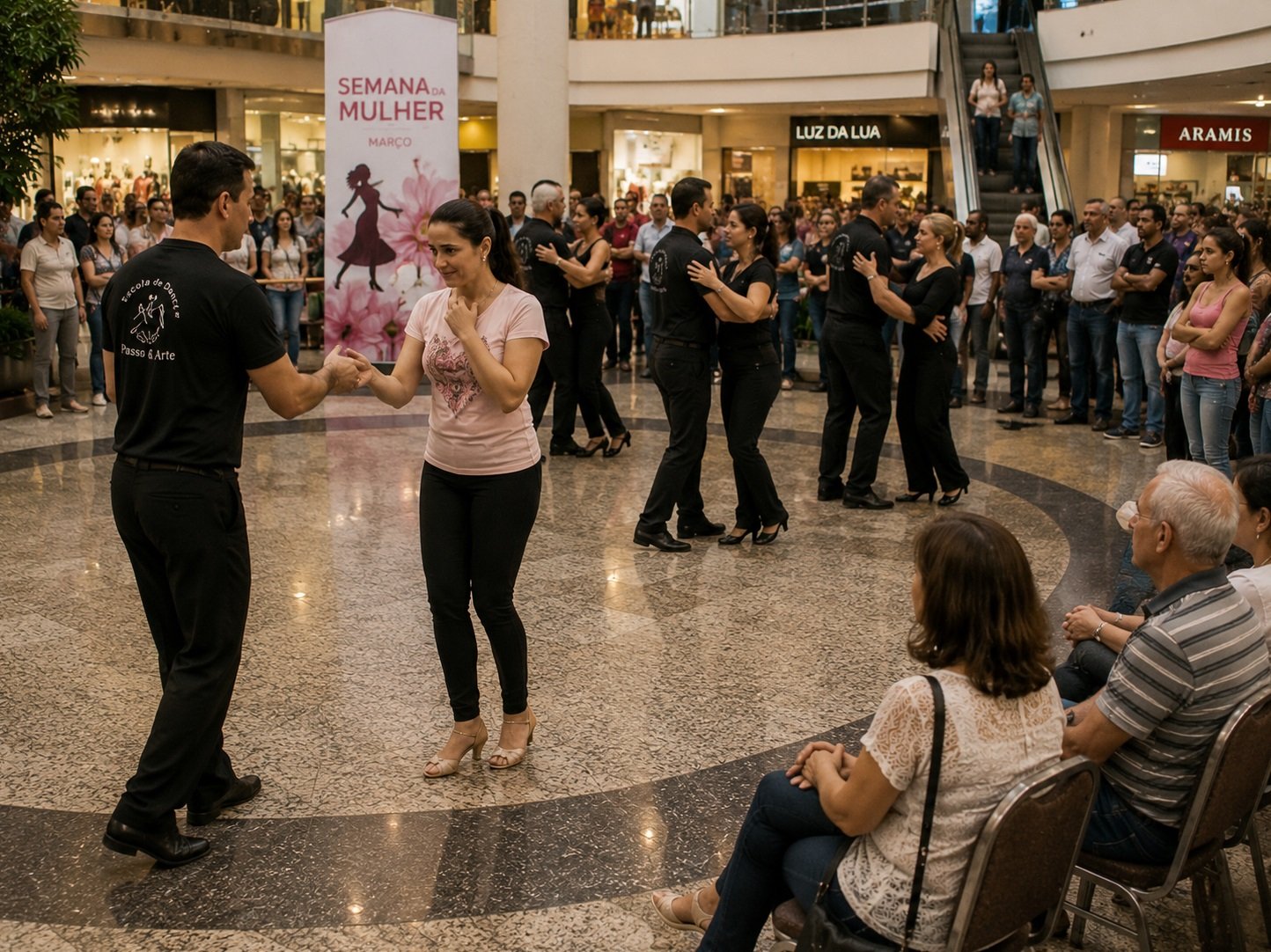 Alunos de dança de salão dançando na praça de um shopping