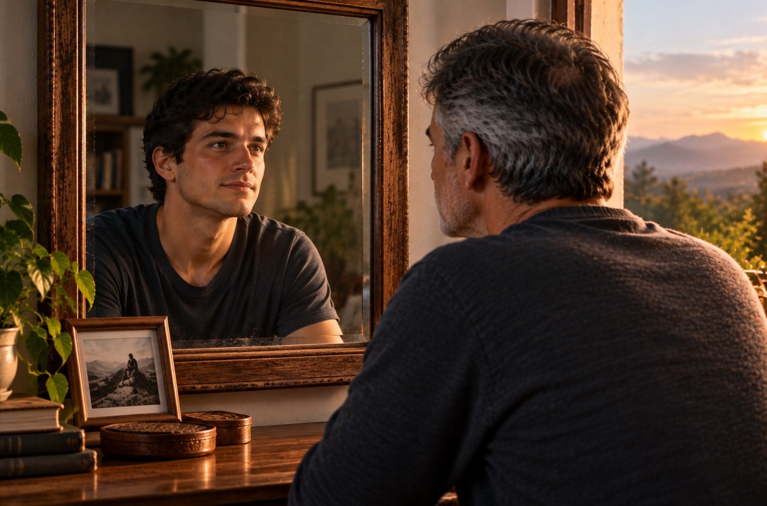 Um homem maduro diante do espelho, vendo sua versão mais jovem e refletindo sobre como suas certezas mudaram ao longo da vida.