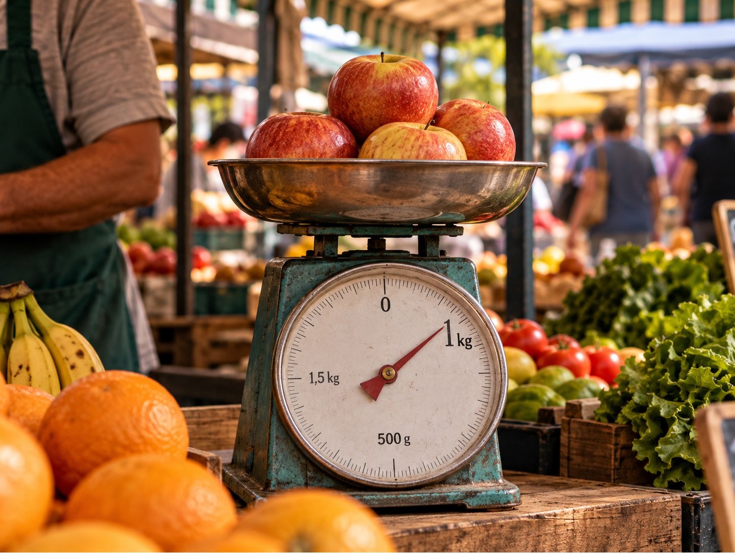 Balança de feira pesando um quilo de frutas